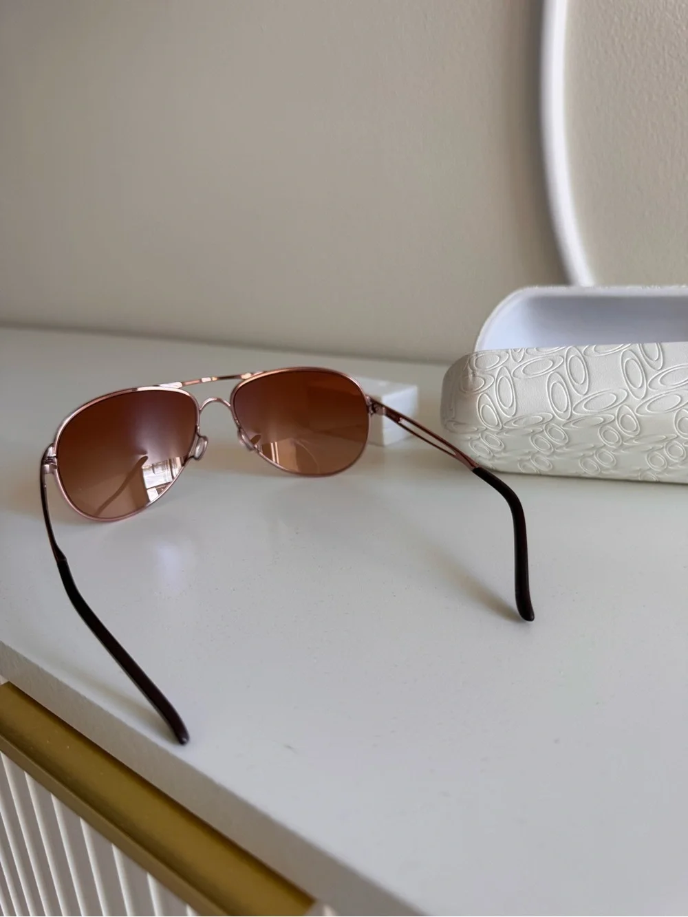 Oakley Women Brown Lens Rose Gold Frame Aviator Sunglasses